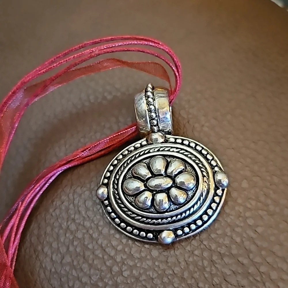 Vintage Floral Oval Castlecore Pendant Maroon Ribbon Necklace